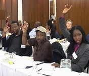 Civil society representatives from Zimbabwe including Jacob Mapfume (center) are regular participants in SALO’s policy dialogue events.
